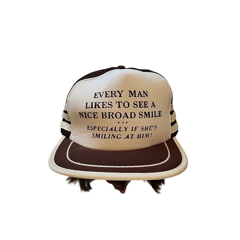 Vtg 80s Trucker Hat Cap Man Likes Broad Smile Brown Snap Back